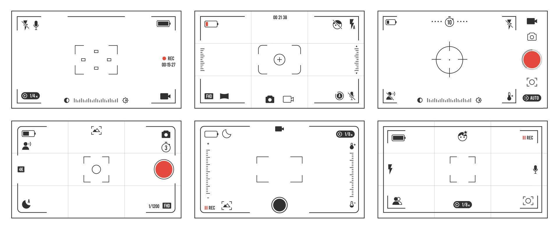 Camera viewfinder ui. Photo and recording screen interface of camera, dslr camera and camcorder viewfinder graphic elements. viewfinders ui isolated set vector