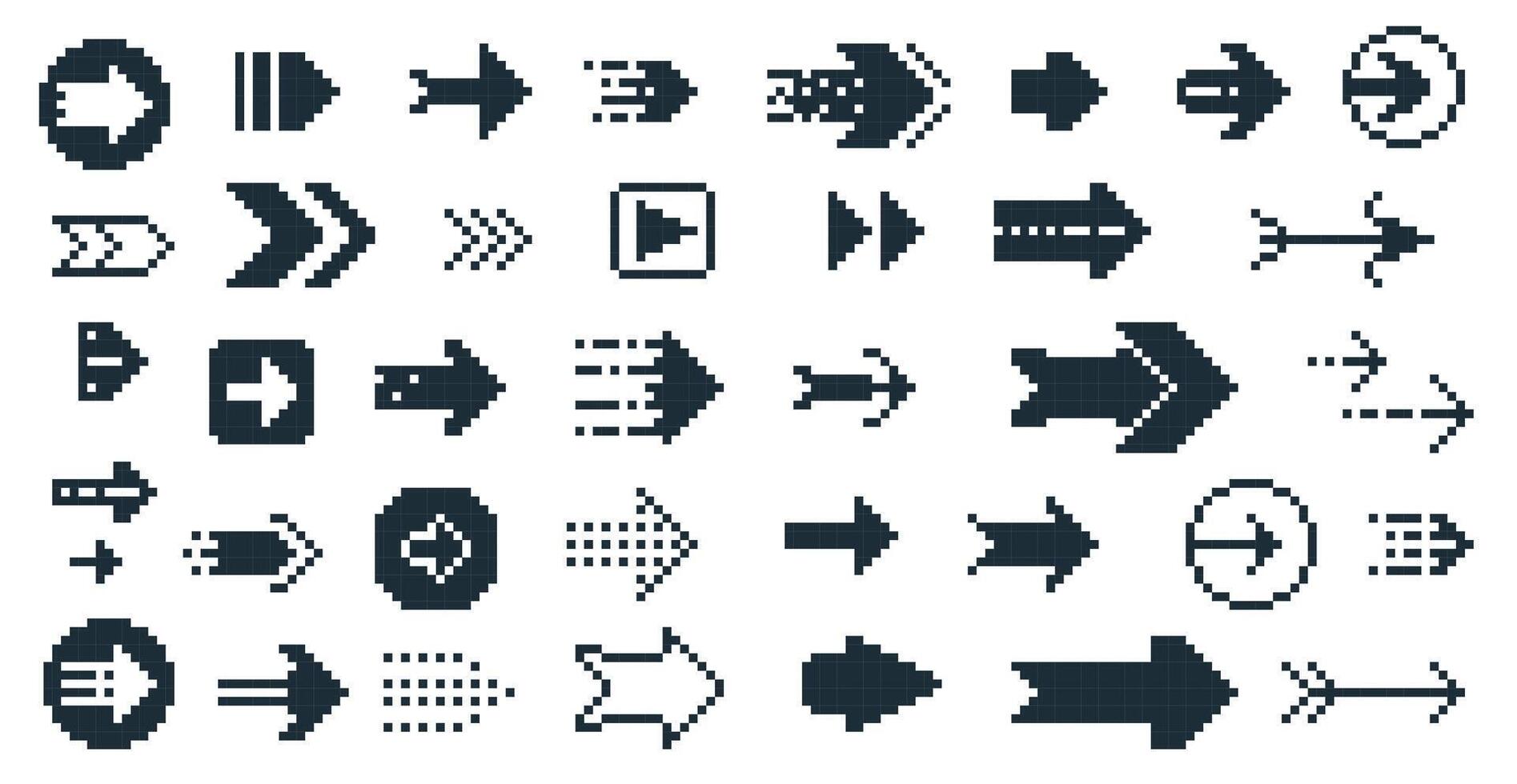 Black 8 bit arrows. Retro square navigation pointer icons, 90s retro pixel cursor direction symbols, retro 8 bit collection. vector