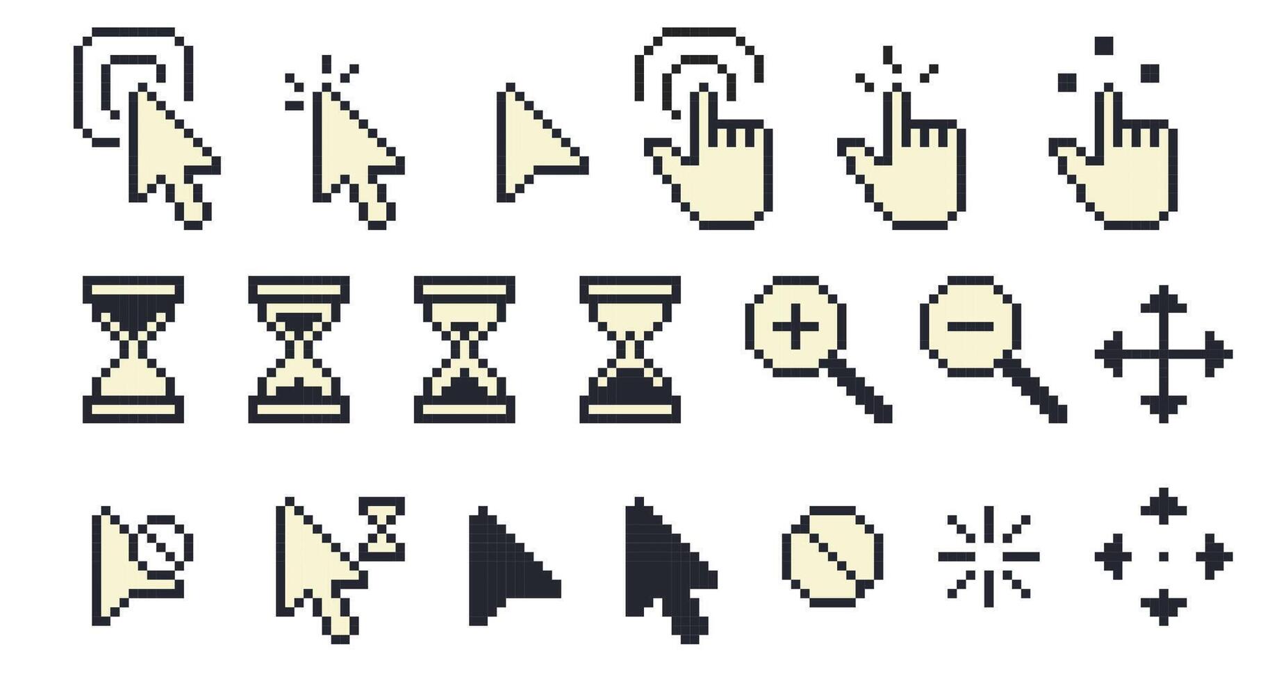 Pixel cursors. Retro vintage pointer cursor arrow hand finger icons, 8 bit computer game mouse pointer and finger tap touch click. pixel cursors isolated set vector