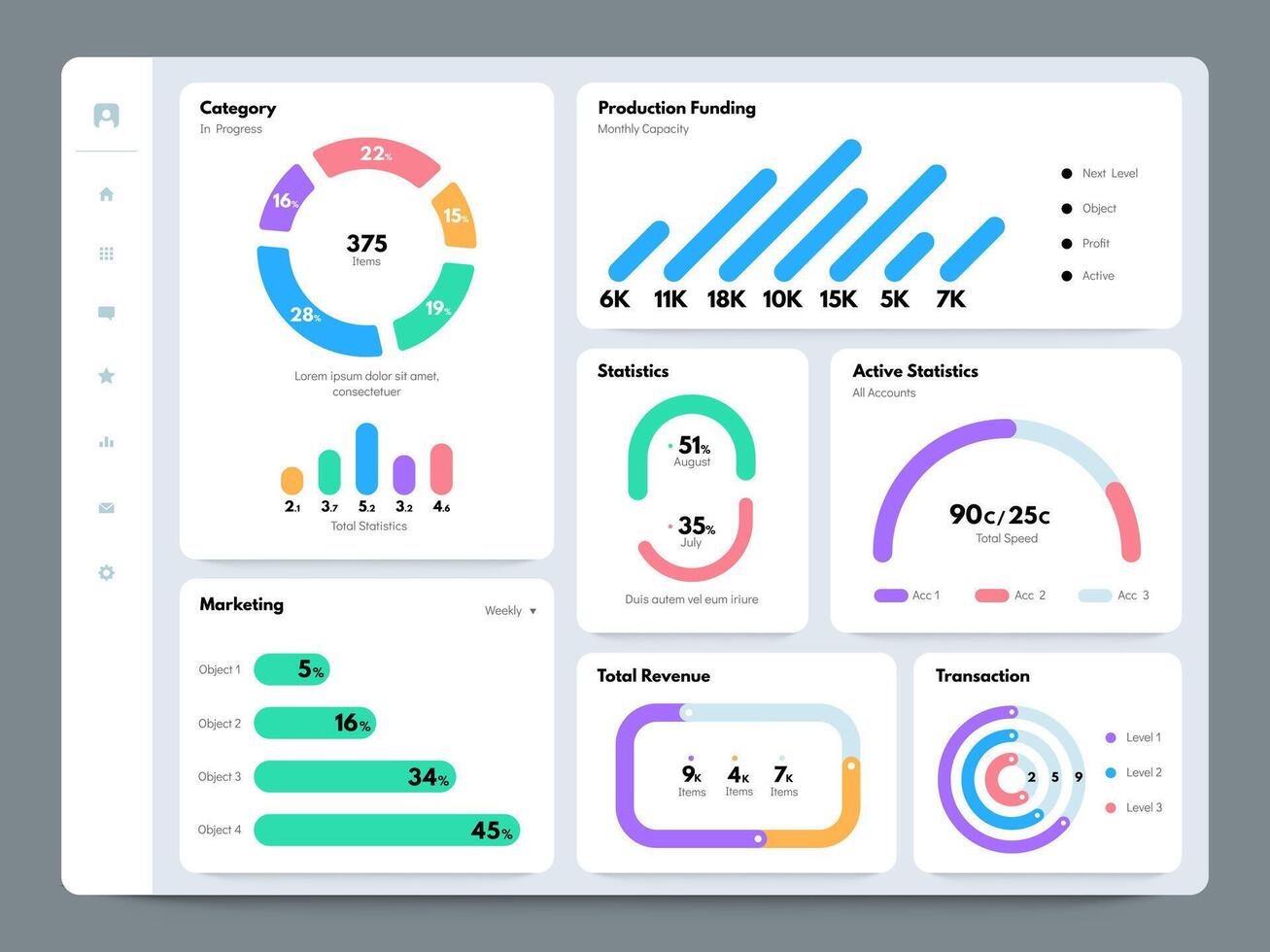 Dashboard app ui. Webpage dashboard with analytics charts and graphs, financial data visualization dashboards, marketing KPI statistics. web app layout vector