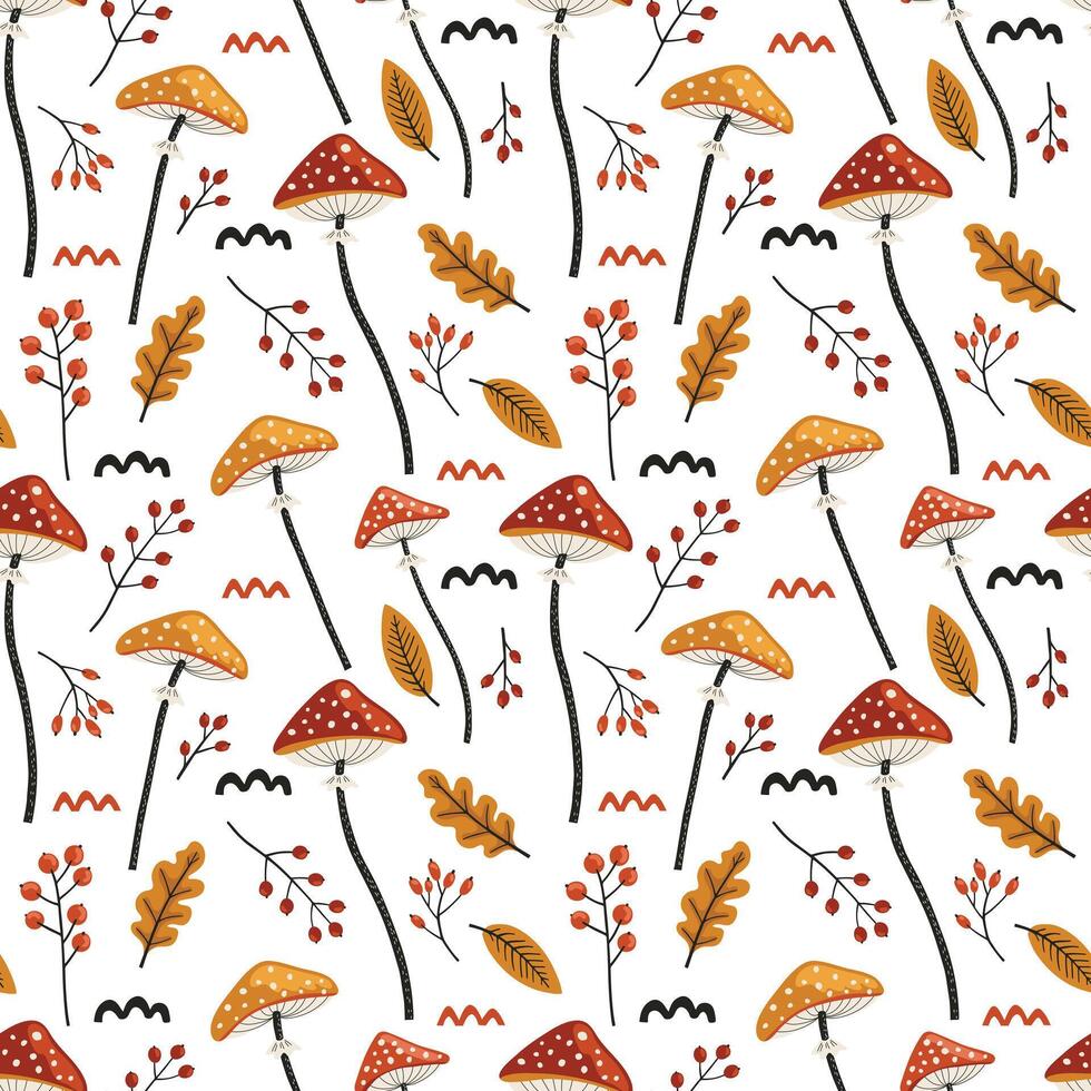 autumn seamless pattern with mushrooms, leaves and berries. doodle style vector
