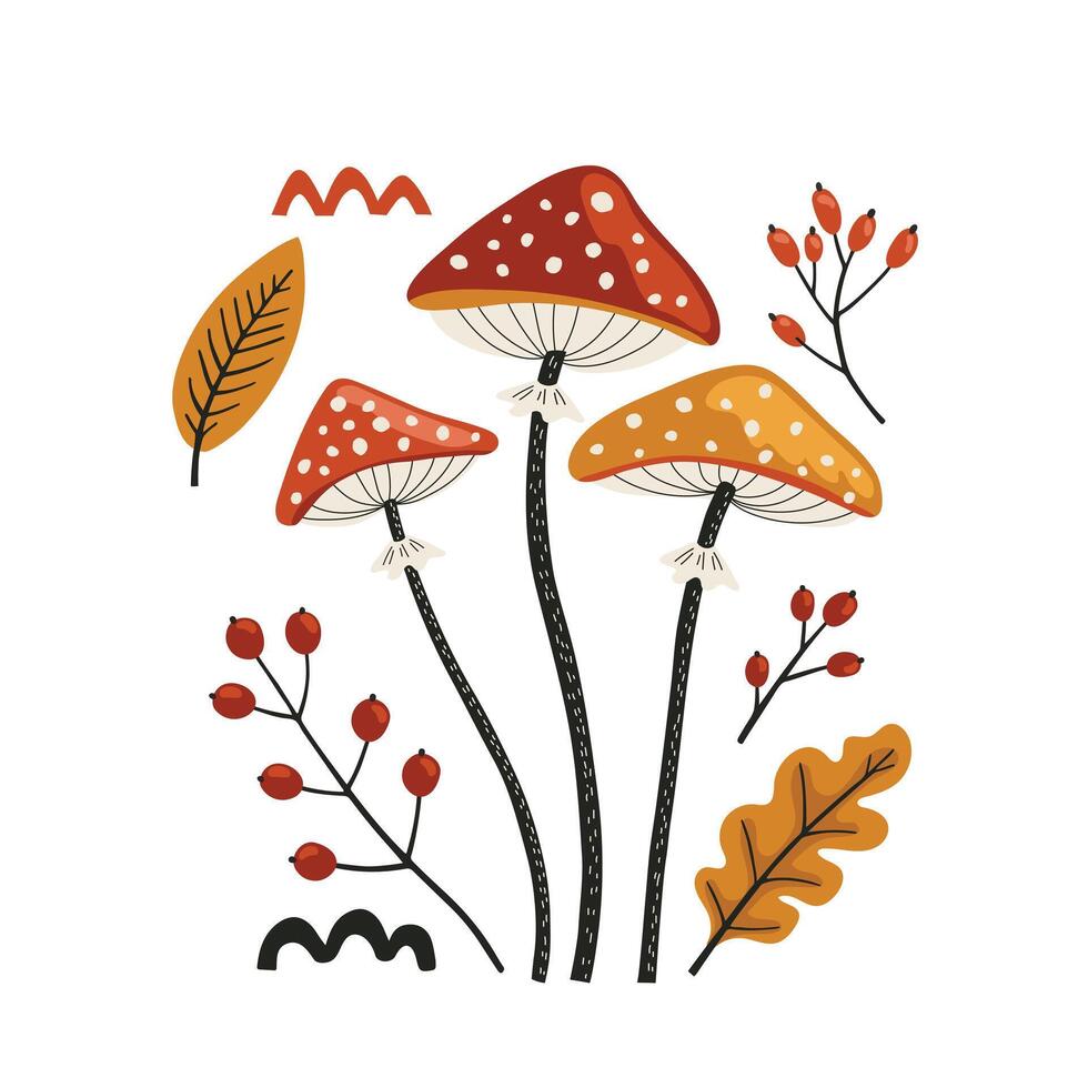 mushrooms, leaves and berries set of elements autumn vector