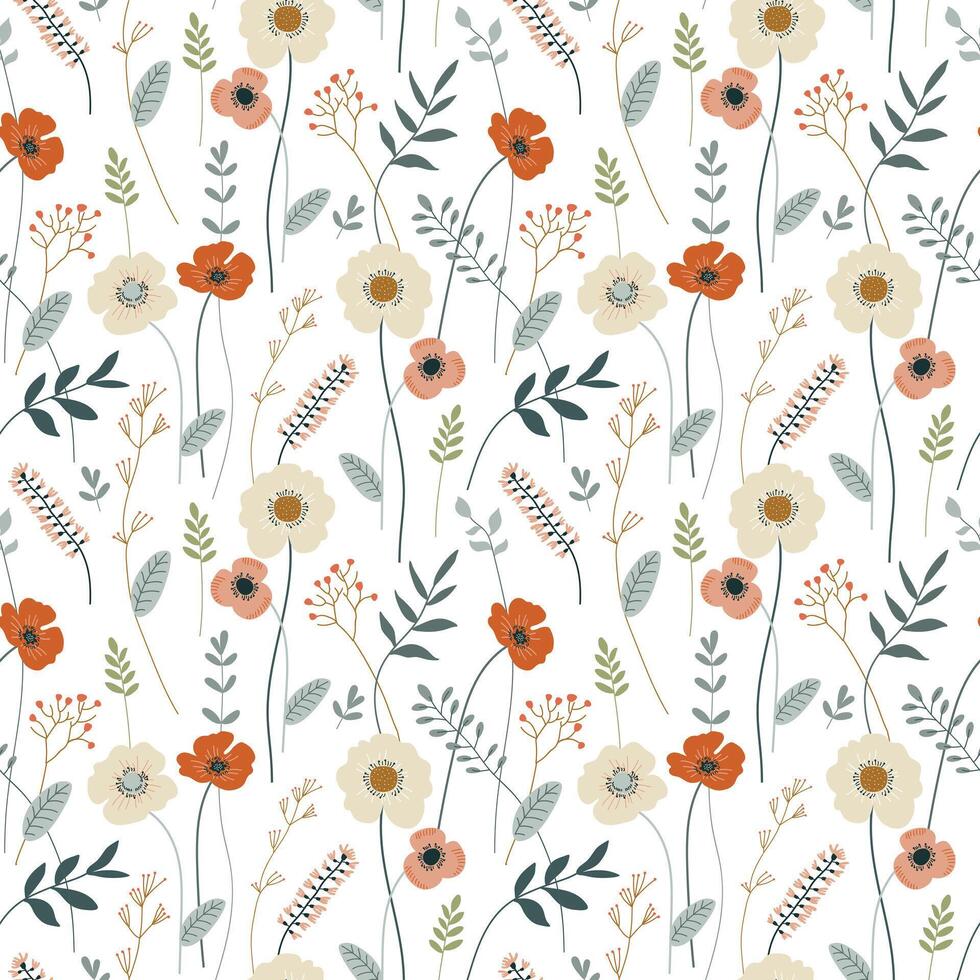 autumn seamless pattern with mushrooms, leaves and berries. doodle style vector