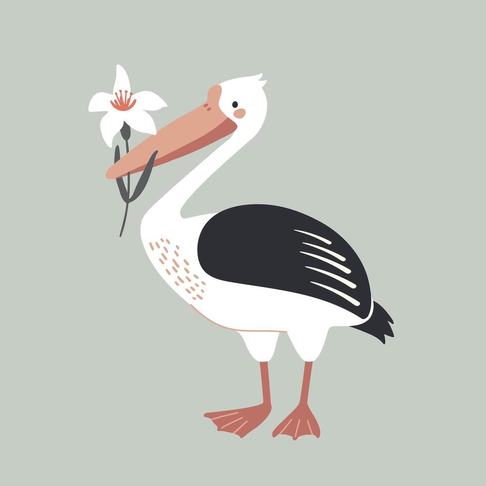 white pelican bird with flower in beak, flat style illustration vector