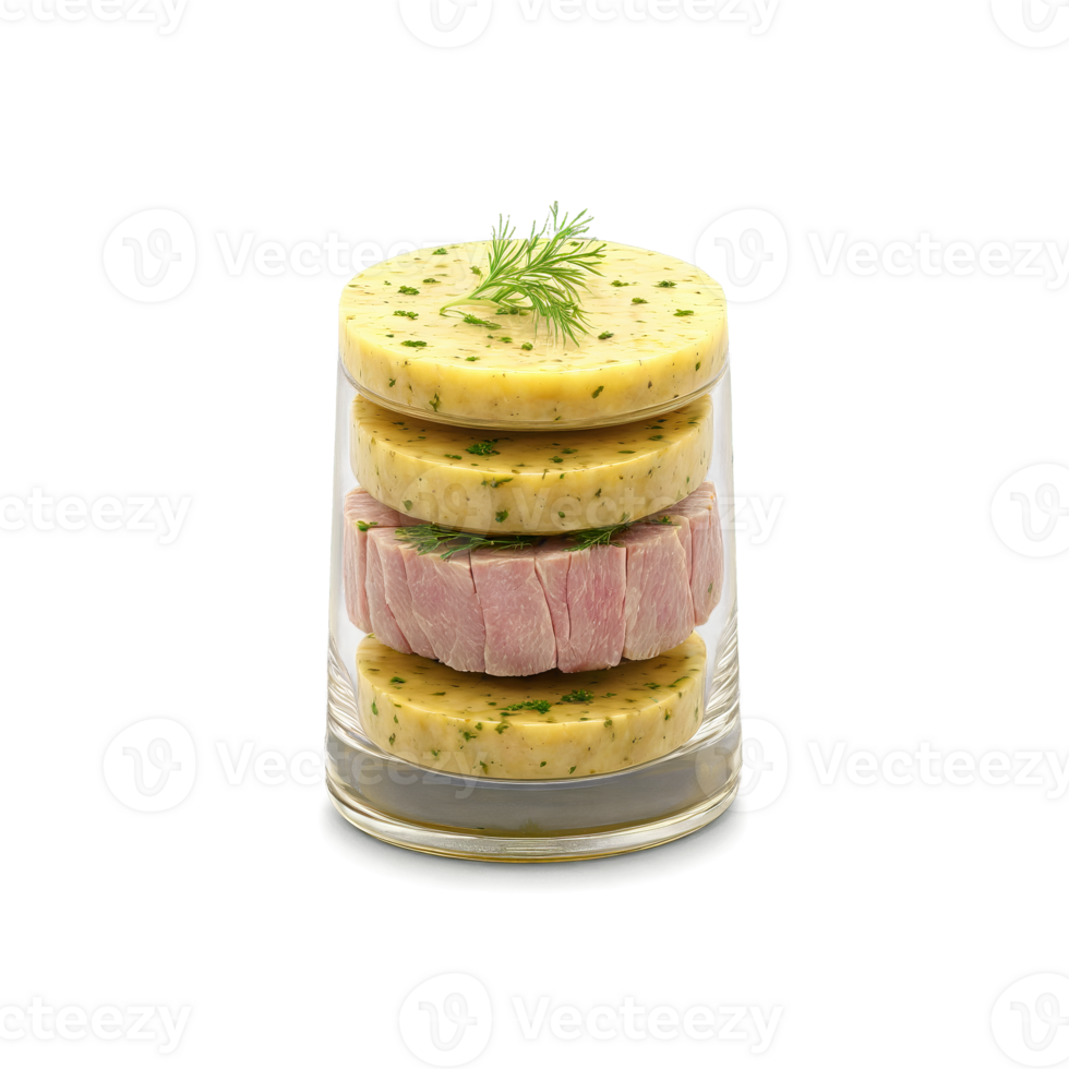Pate de campagne country style pork pate slice cornichon rounds grainy mustard smear in glass png