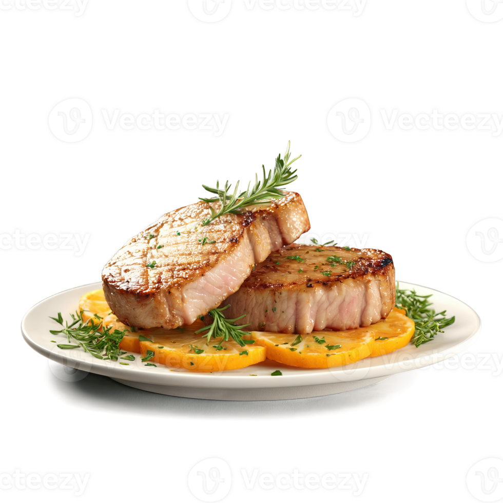 Pork chops thick and succulent with herbs and garlic cloves swirling in a savory whirlwind png