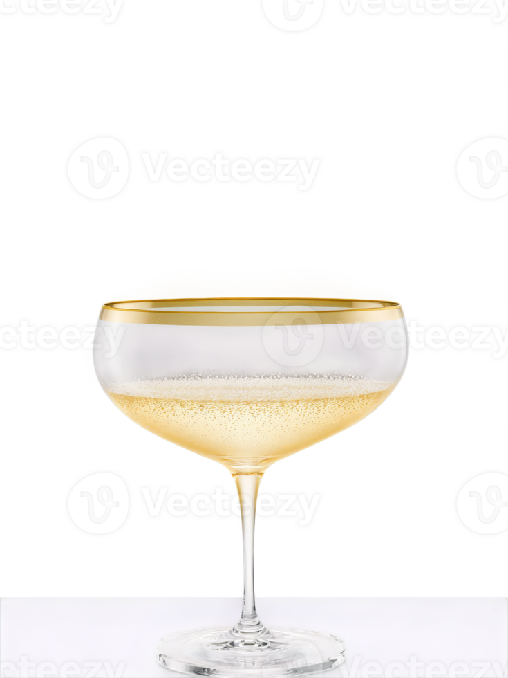 Schott Zwiesel Pure Light Champagne coupe, tritan crystal, broad shallow bowl, golden champagne with rising bubbles, close-up side view, bright rim lighting, celebratory concept, isolated png