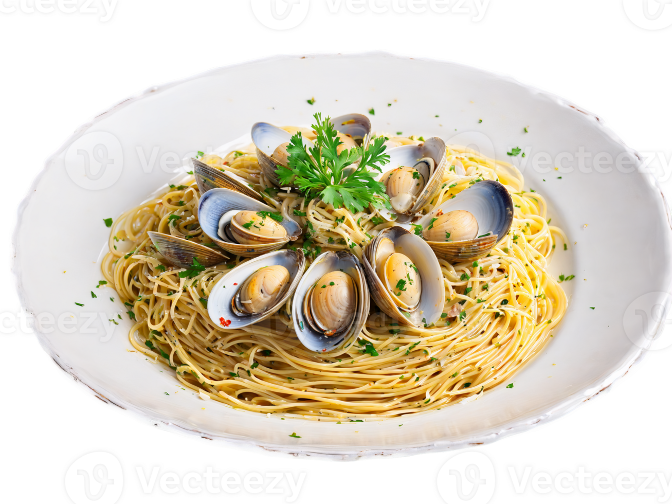 Spaghetti alle Vongole with clams garlic and white wine sauce served on a transparent glass png