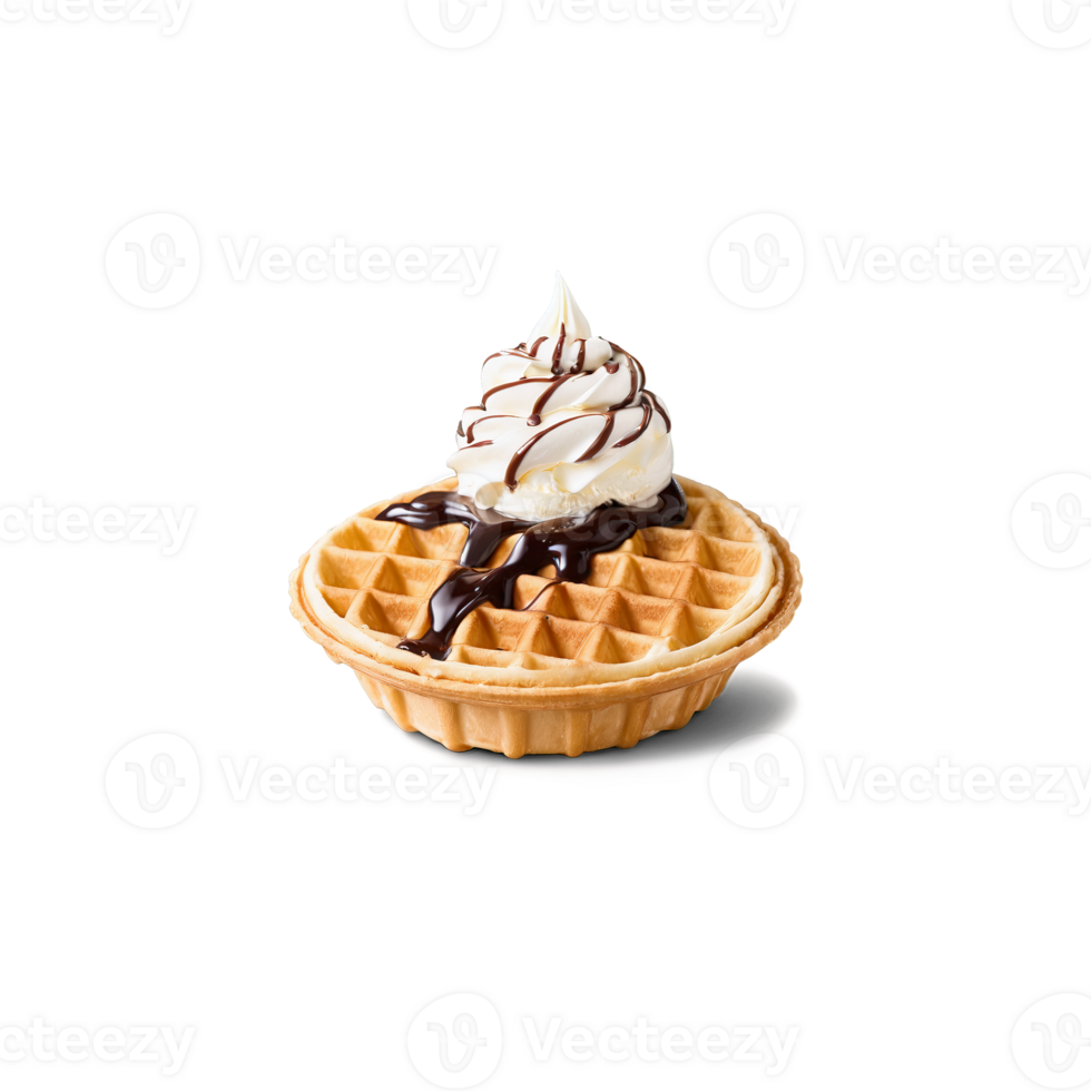 Ryazhenka ice cream in a waffle bowl topped with chocolate syrup and whipped cream Culinary png
