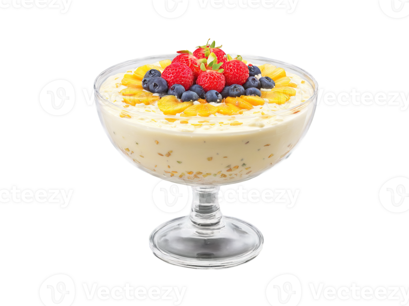 Kheer with Fruits Creamy kheer topped with fresh fruits served in a transparent glass bowl png