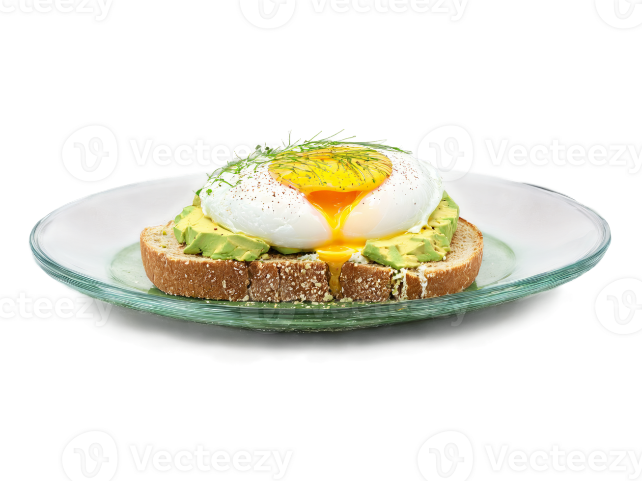Toast whole grain bread with avocado spread and poached eggs on a transparent glass dish png