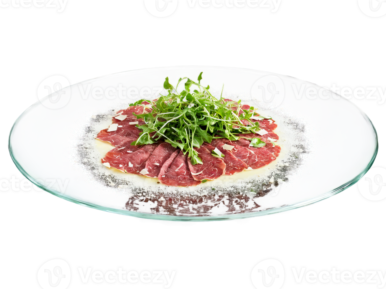 Beef Carpaccio with arugula Parmesan and truffle oil served on a transparent glass plate Italian png