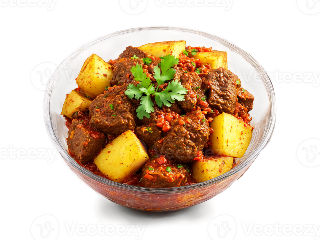 Beef Vindaloo spicy and tangy with potatoes served in a transparent glass bowl fiery png
