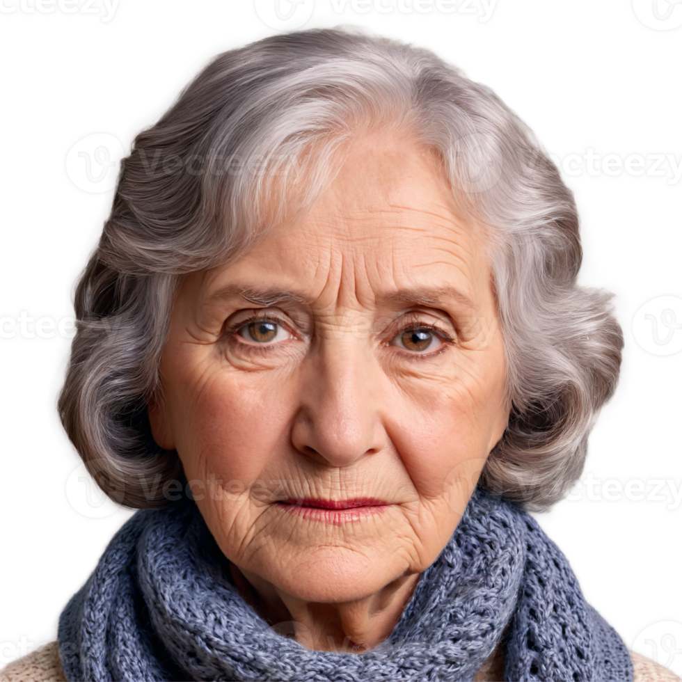 Woman in her 80s with a short wavy hair and a knitted shawl attractive face. Essence of diverse femininity. png