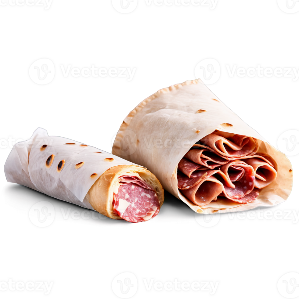 Picnic charcuterie cone with rolled salami breadsticks and olives wrapped in parchment paper isolated transparency png