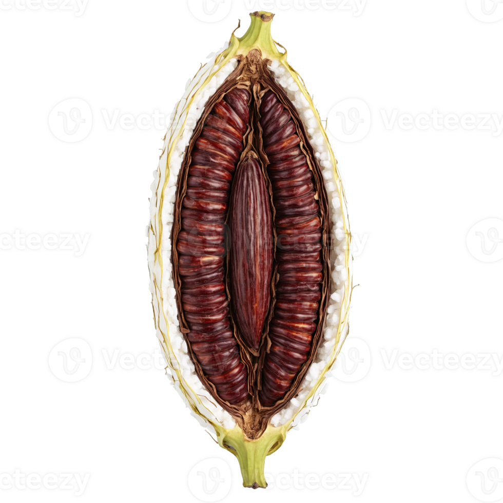 Cacao pod with ridged maroon shell and beans nestled in white pulp Food and culinary png