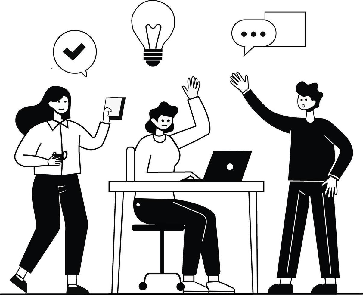 People discussing ideas with lightbulb and chat icons above. Black and white line art illustration. Teamwork and brainstorming concept for design and print vector