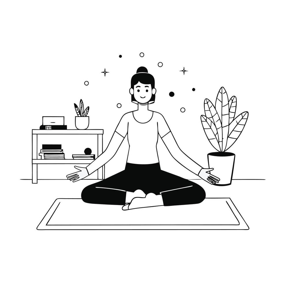Person meditating in lotus position on a mat in a room with plants and a bookshelf Black and white line art illustration Health and wellness concept for design and print Design for poster banner vector