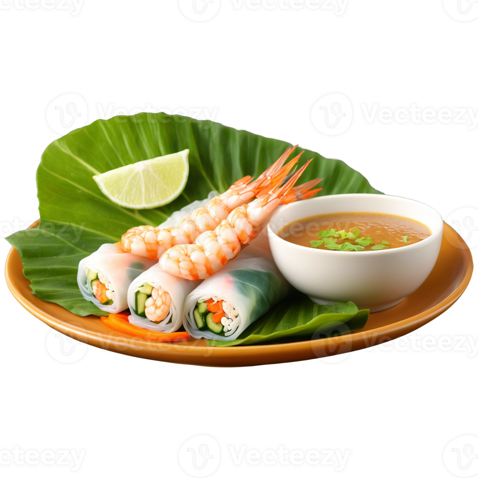 Summer rolls with rice noodles shrimp vegetables and a peanut dipping sauce on a clear png