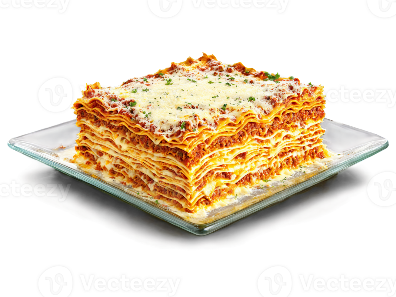 Lasagna layers visible from the side bubbling cheese on top on a transparent glass dish png