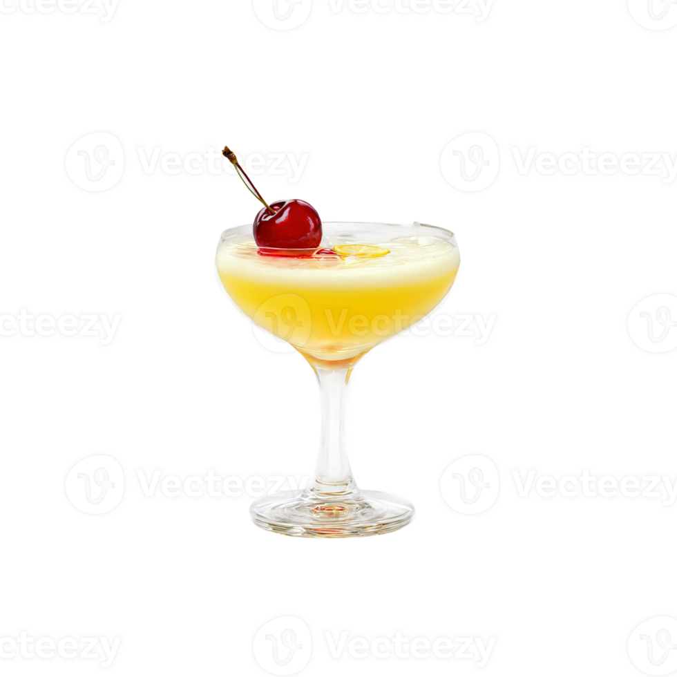 Whiskey sour with lemon twist and maraschino cherry splashing out of glass Food and culinary png