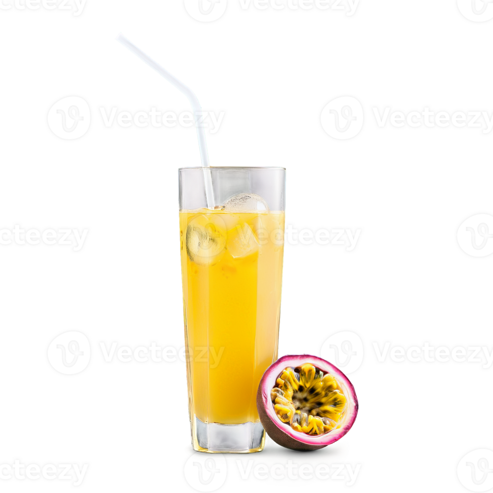 Passion fruit lemonade with floating seeds ice cubes and sugar rim yellow orange liquid served png