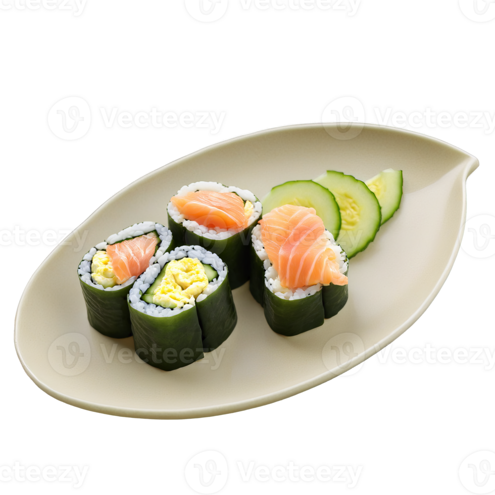 Breakfast sushi rolls with sushi rice wrapped around scrambled eggs smoked salmon and sliced cucumber png