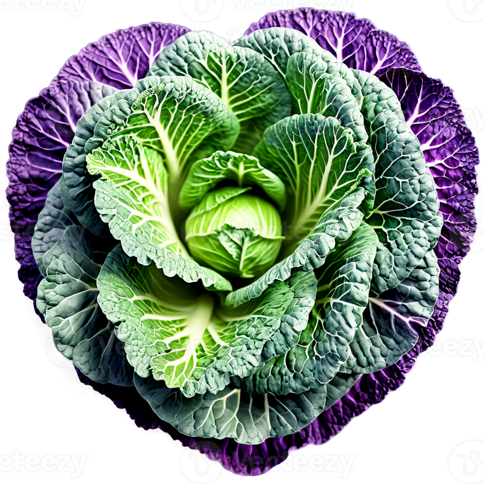 Cabbage green and purple round with tightly packed leaves evenly distributed in a heart shape png