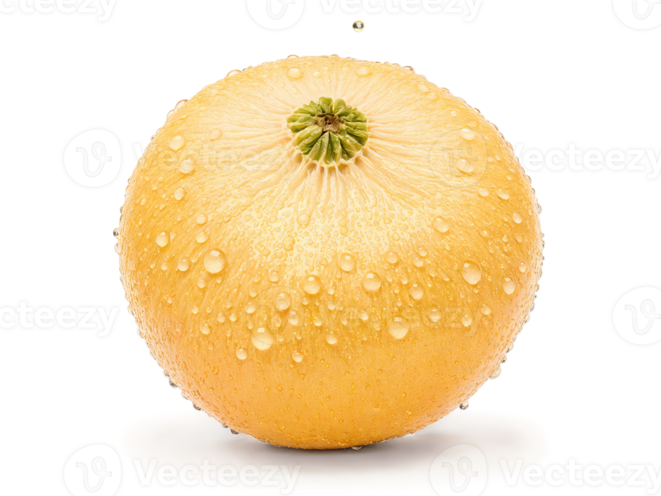 Laughing pomelo large citrus fruit thick pitted rind pale yellow flesh juice droplets mid air png