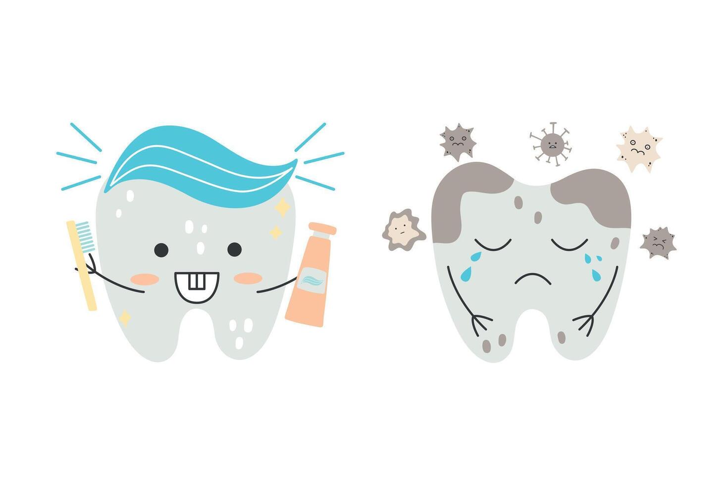 Illustration featuring tooth characters. one healthy, smiling tooth and another sad tooth with cavities. Ideal for dental care education, children's materials, and health promotions. vector
