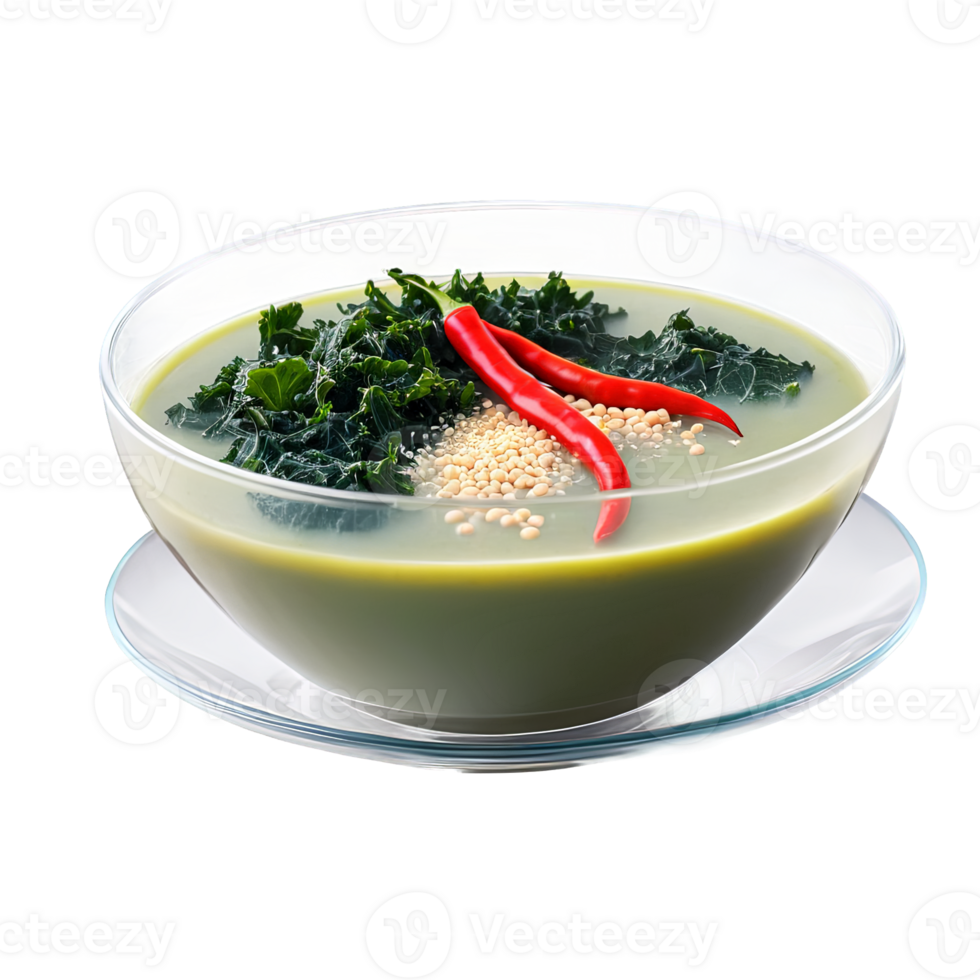A savory white bean and kale soup in a wide, transparent glass dish, garnished with grated Parmesan chees png