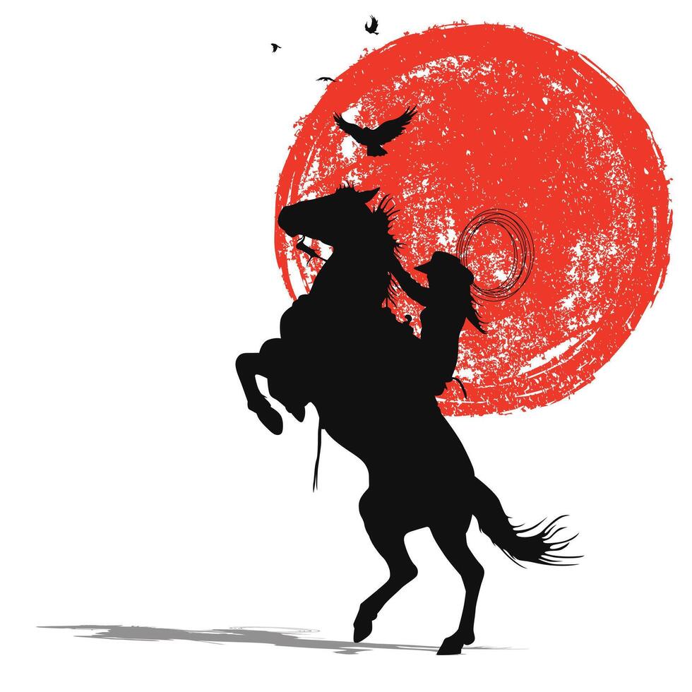 Silhouette of cowboy character riding horse and abstract moon vector