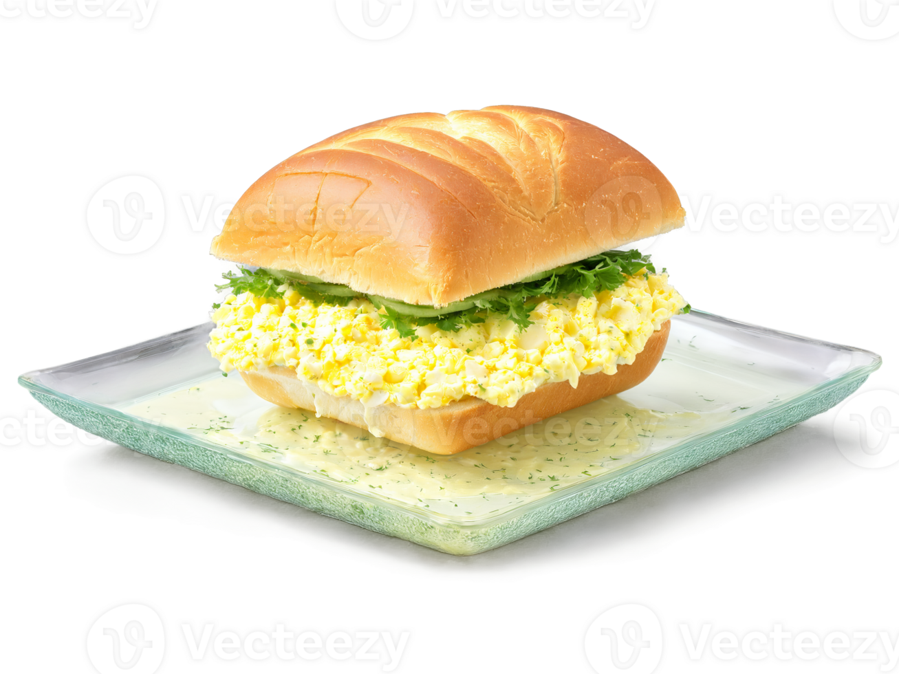 Sandwich egg salad on soft brioche bread served on a transparent glass plate classic comfort png