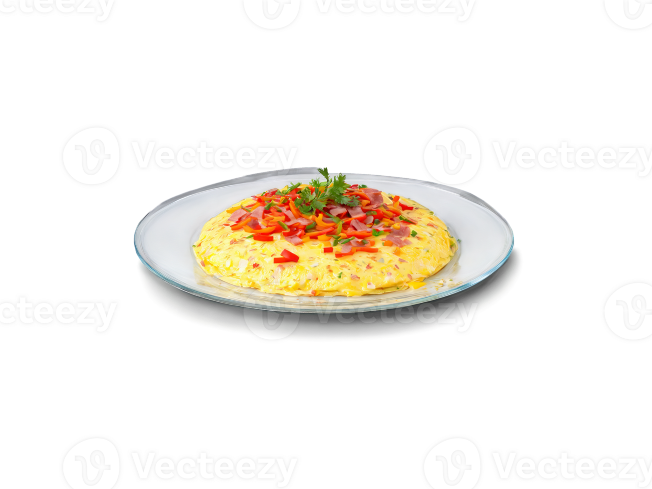 Omelette Denver with diced ham bell pepper and onion on a transparent glass plate American png