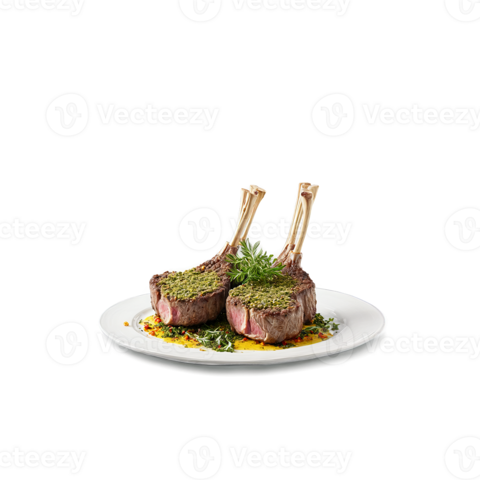 Lamb chops with herb crust floating and steaming Food and culinary concept png
