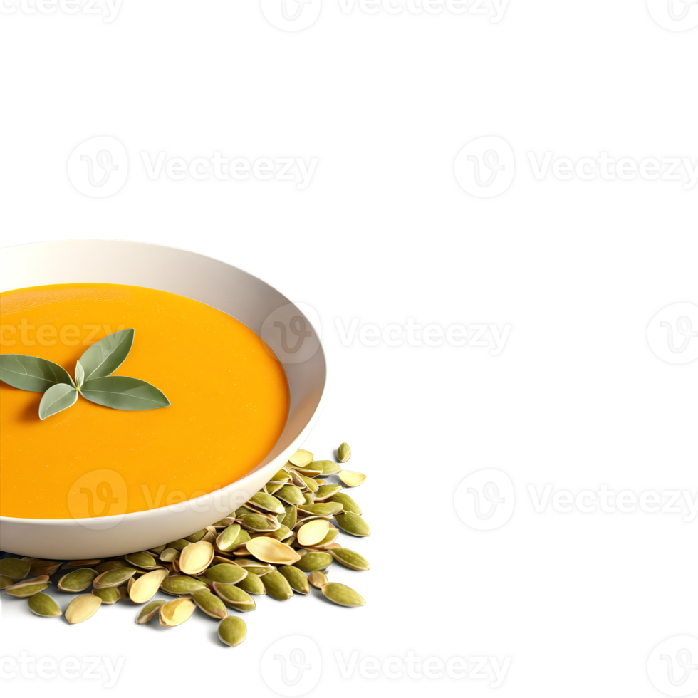 Butternut squash soup velvety orange soup toasted pumpkin seeds and sage leaf isolated on transparent png