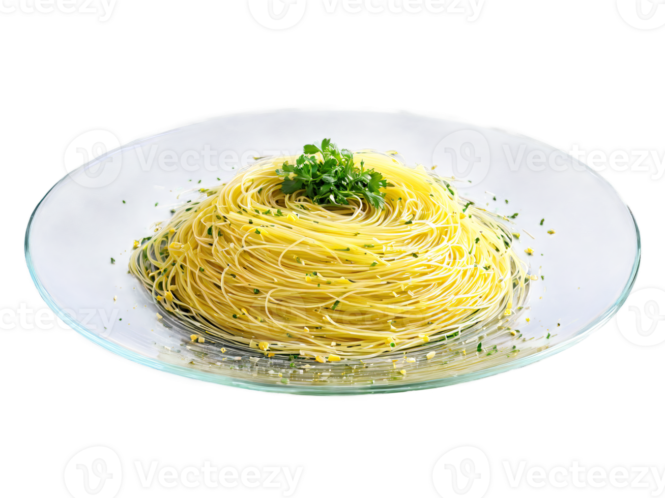 Capellini with Garlic Olive Oil and Chili served on a transparent glass