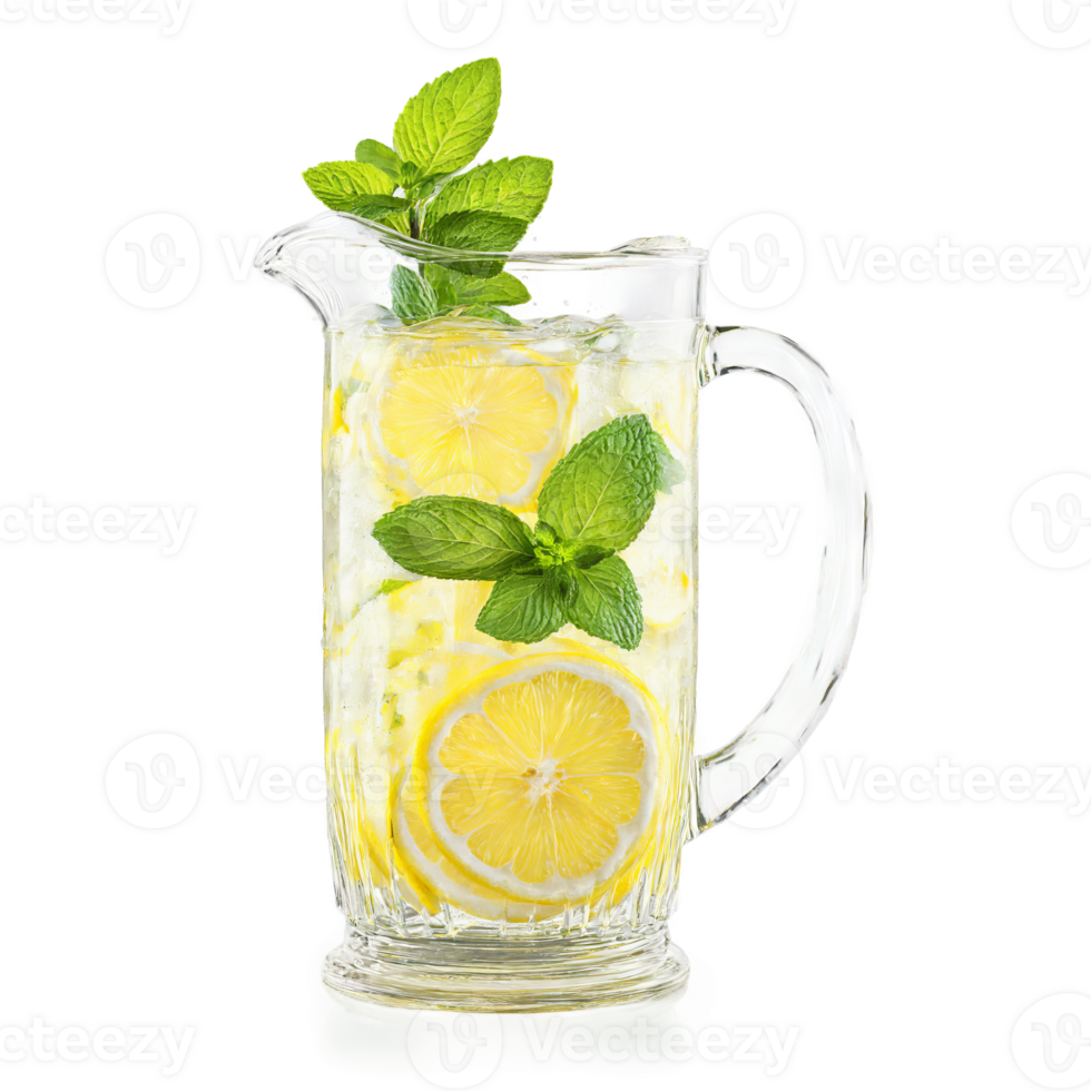 Lemonade with sliced lemons and mint sprigs splashing out of glass pitcher Food and culinary png