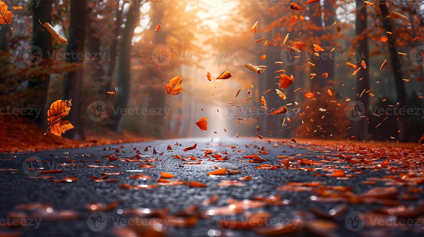 Colorful autumn leaves scattered on a wet forest path, with a misty background and fallen leaves in motion. photo