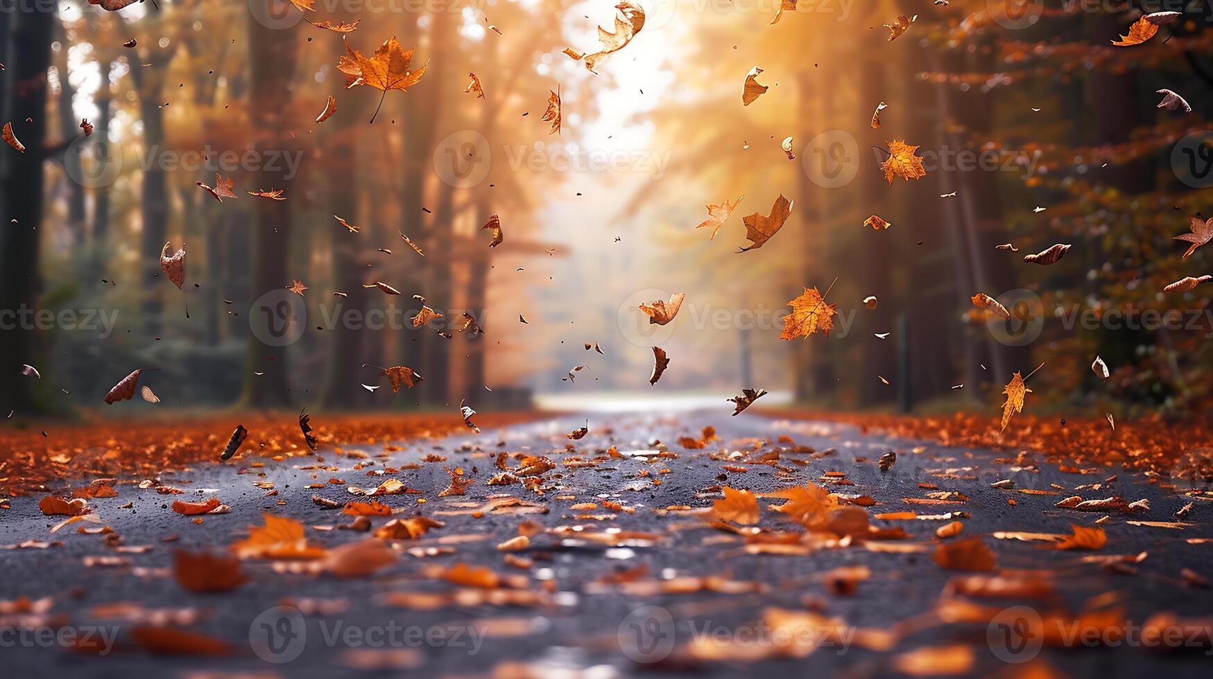 Colorful autumn leaves scattered on a wet forest path, with a misty background and fallen leaves in motion. photo