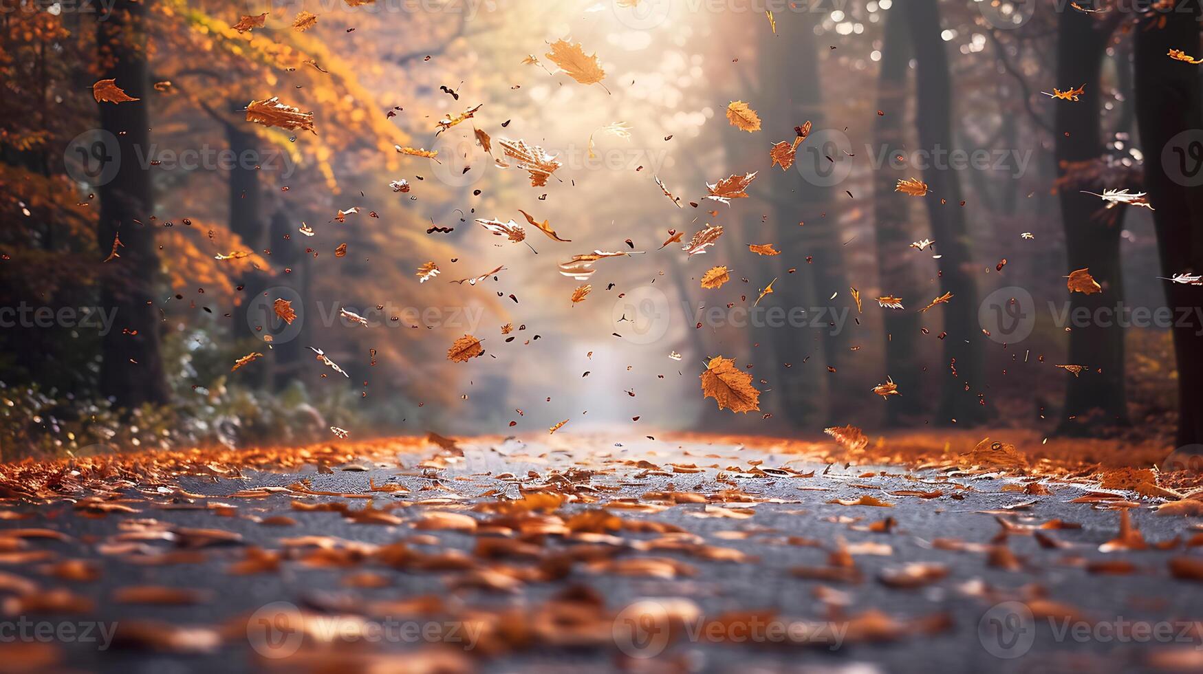 Colorful autumn leaves scattered on a wet forest path, with a misty background and fallen leaves in motion. photo