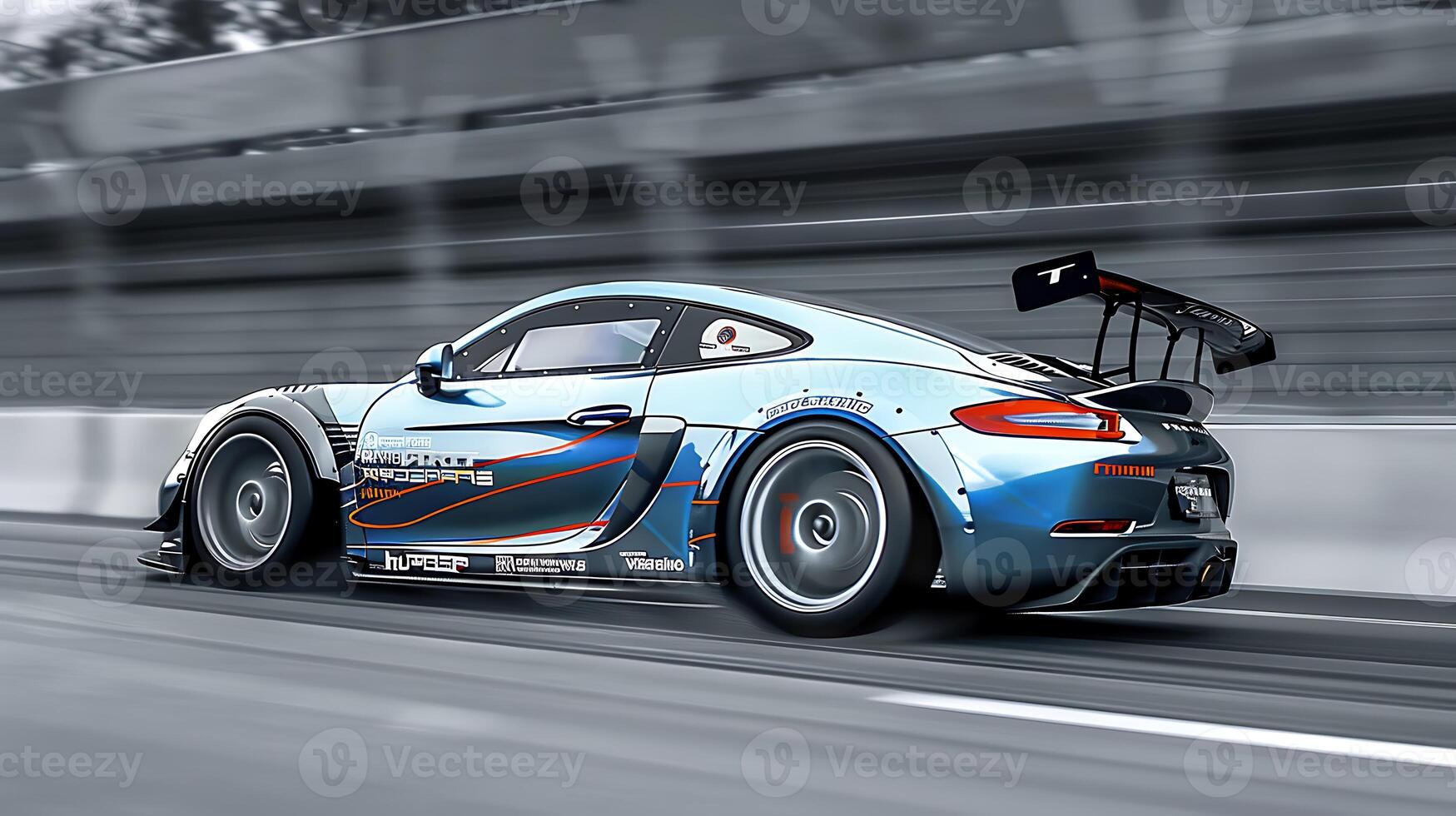 Motion blur, Race driver and race car racing on speed track, Car race on asphalt race track crossing finish line. photo
