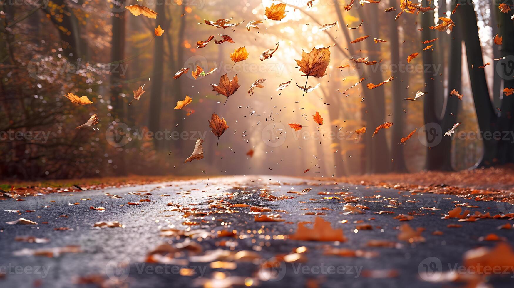 Colorful autumn leaves scattered on a wet forest path, with a misty background and fallen leaves in motion. photo