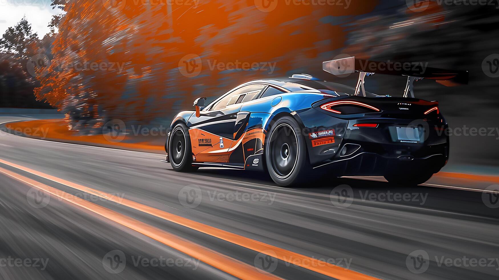 Motion blur, Race driver and race car racing on speed track, Car race on asphalt race track crossing finish line. photo