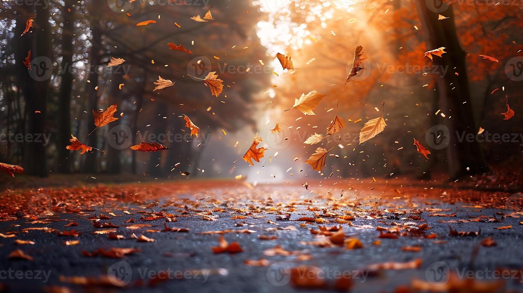 Colorful autumn leaves scattered on a wet forest path, with a misty background and fallen leaves in motion. photo