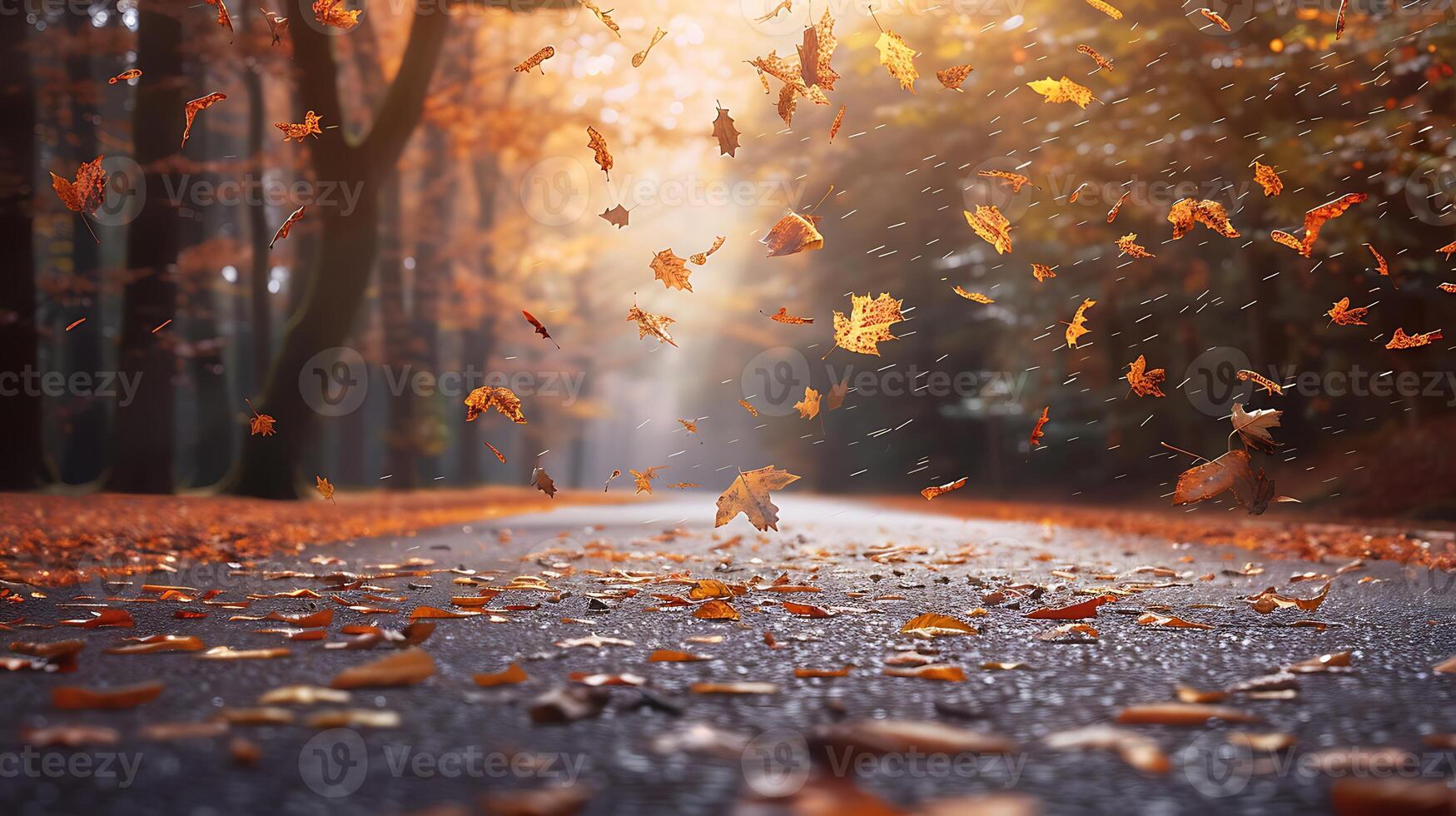 Colorful autumn leaves scattered on a wet forest path, with a misty background and fallen leaves in motion. photo