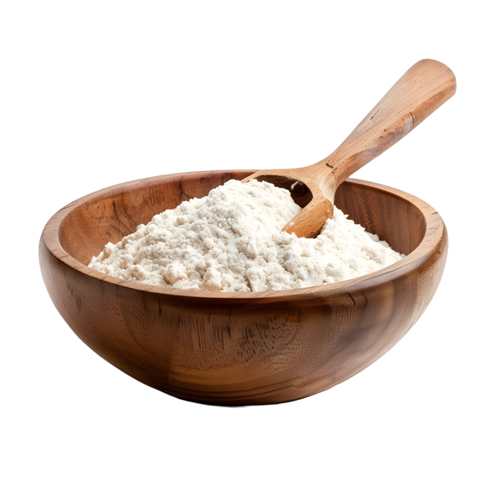 uma de madeira tigela preenchidas com farinha e uma colher isolado png