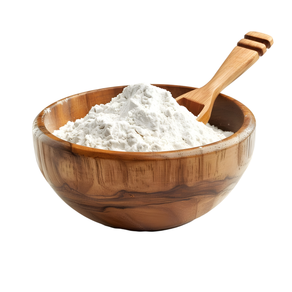 A wooden bowl filled with flour and a spoon isolated png