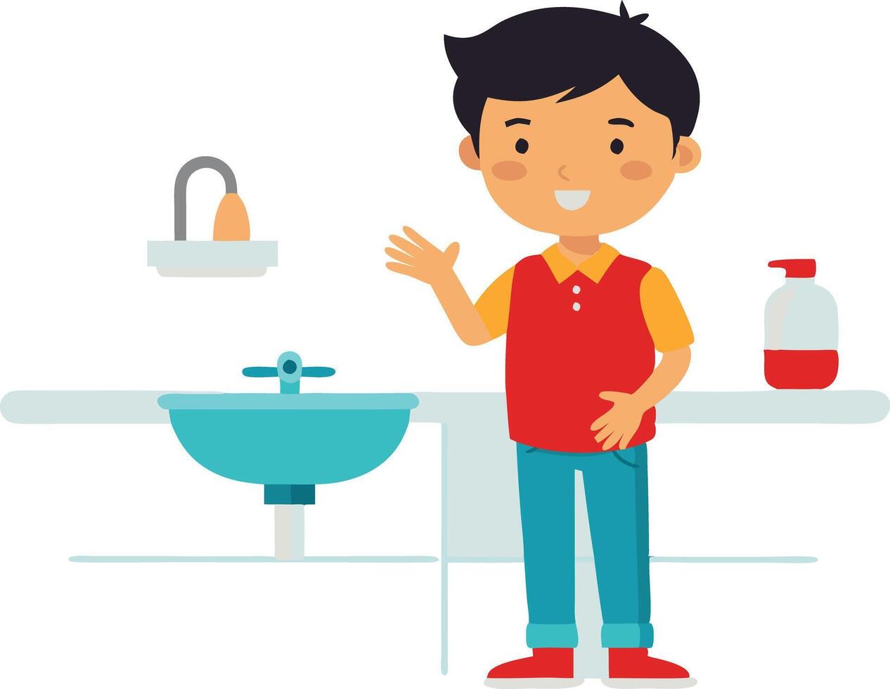 Boy standing by a sink washing hands for hygiene vector