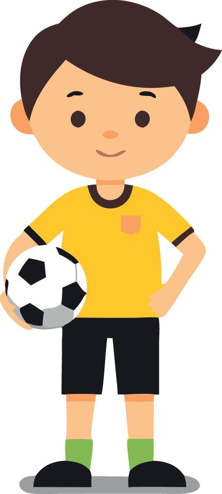 Boy in yellow sports uniform holding a soccer ball vector